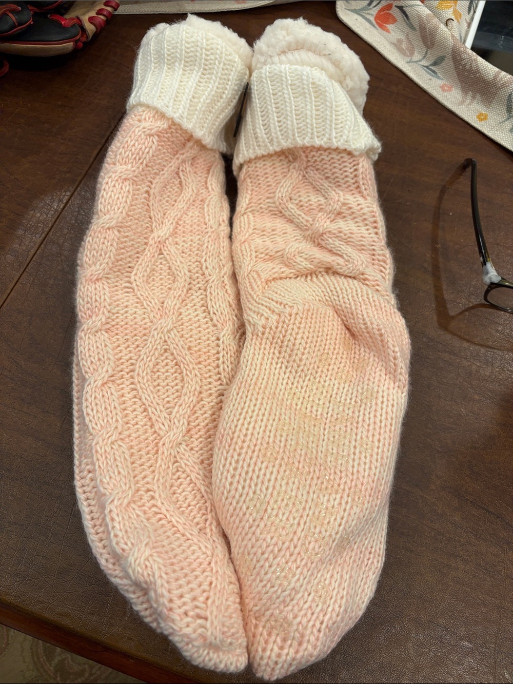 Jane and Bleecker Cable-Knit Women’s Sweater Socks in Light Pink with Cream Cuff
